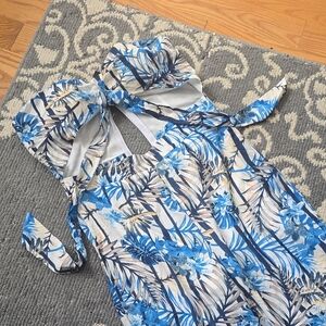 Fashion Nova White and Blue Strapless Jumpsuit